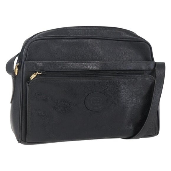 GUCCI Shoulder Bag Leather Black Gold Auth 152934